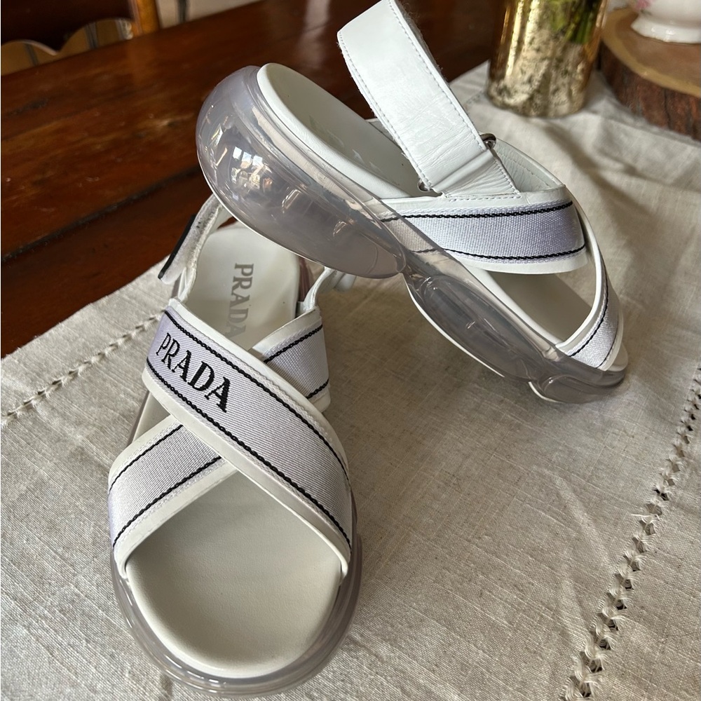 Authentic Prada Women's White and Gray Dad Sandal with Clear Sole